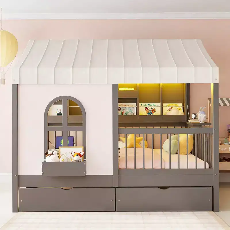 Full Size House Style Bed With 2 Drawers, Lighted Storage Shelves, Charging Station, Roof And Guardrails