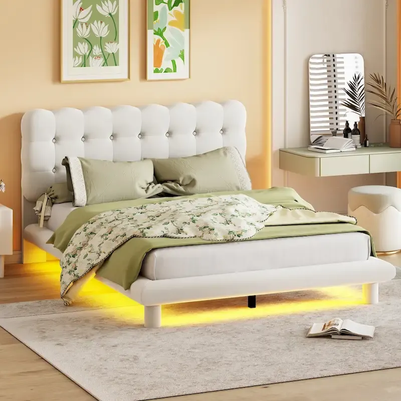 Queen Velvet Upholstered Platform Bed with LED Lights & Button-Tufted Headboard – Beige / Gray, MDF & Plywood, Single