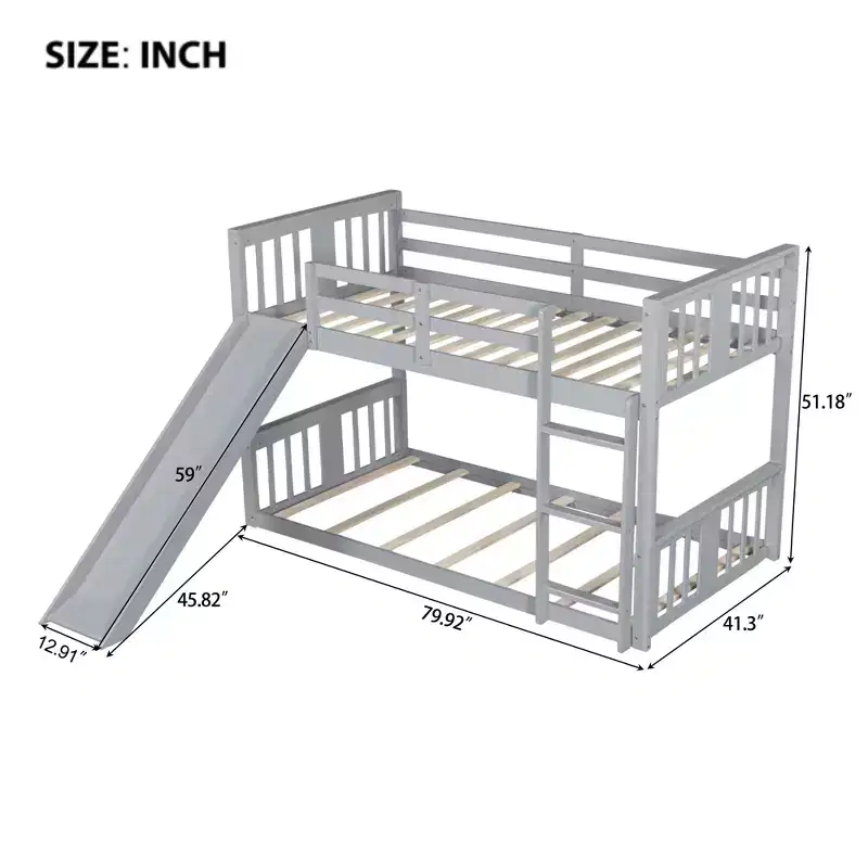 Bellemave Montessori Floor Bunk BedKids Bunk Beds with Guardrail Headboard and Footboard, Low Bunk Beds for Kids, Boys and Girls,Gray