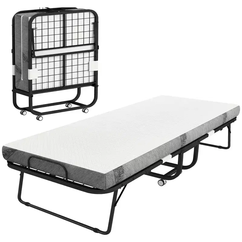 HOMCOM Rollaway Bed, Folding Bed with Mattress, Portable Foldable Guest Bed with Sturdy Metal Frame and Wheels, White
