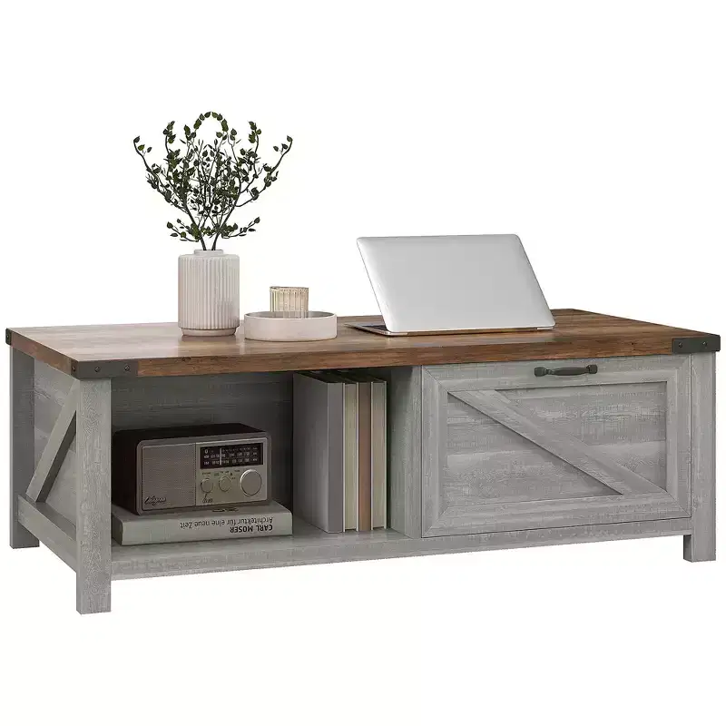 HOMCOM Farmhouse Coffee Table with Storage Drawer and Open Shelf, Rustic Coffee Table for Living Room