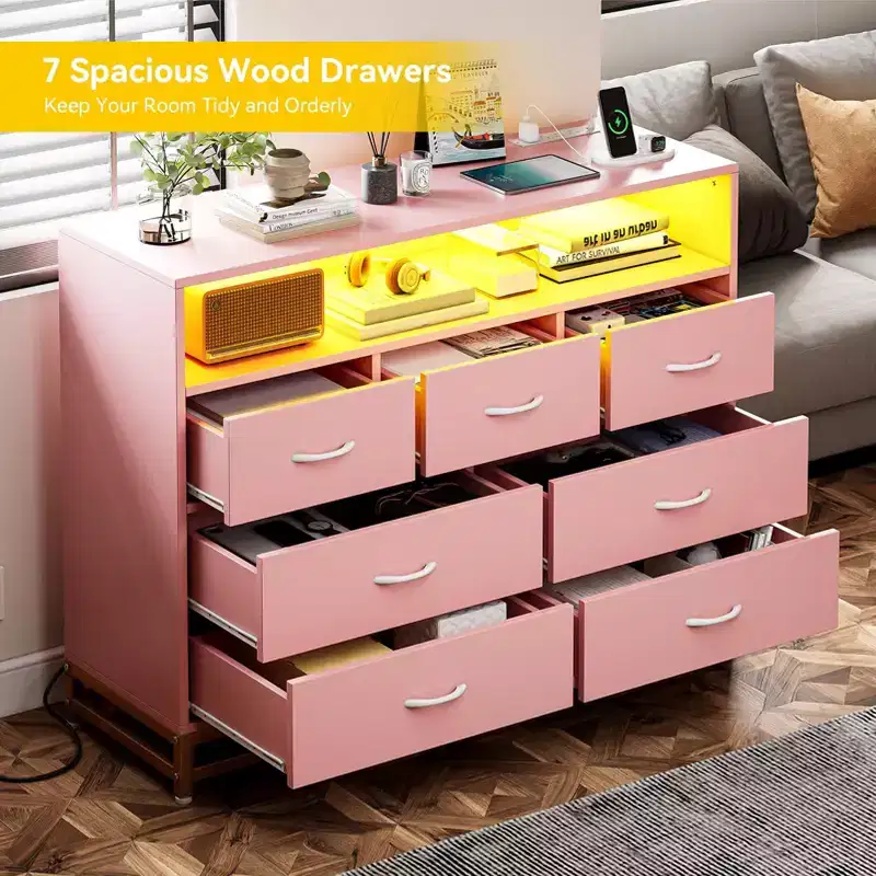 7-Drawer Bedroom Dresser TV Stand,Farmhouse Dresser with Charging Station & LED Lights, 47 Wide 7-Drawer Wooden Storage Chest, Modern