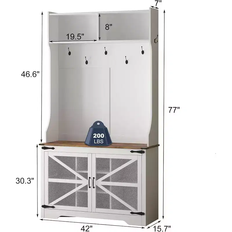 Farmhouse Hall Tree, 4-in-1 Entryway Organizer with 7 Shoe Cubbies & 7 Hooks, Storage Bench for Mudroom/Hallway/Bedroom