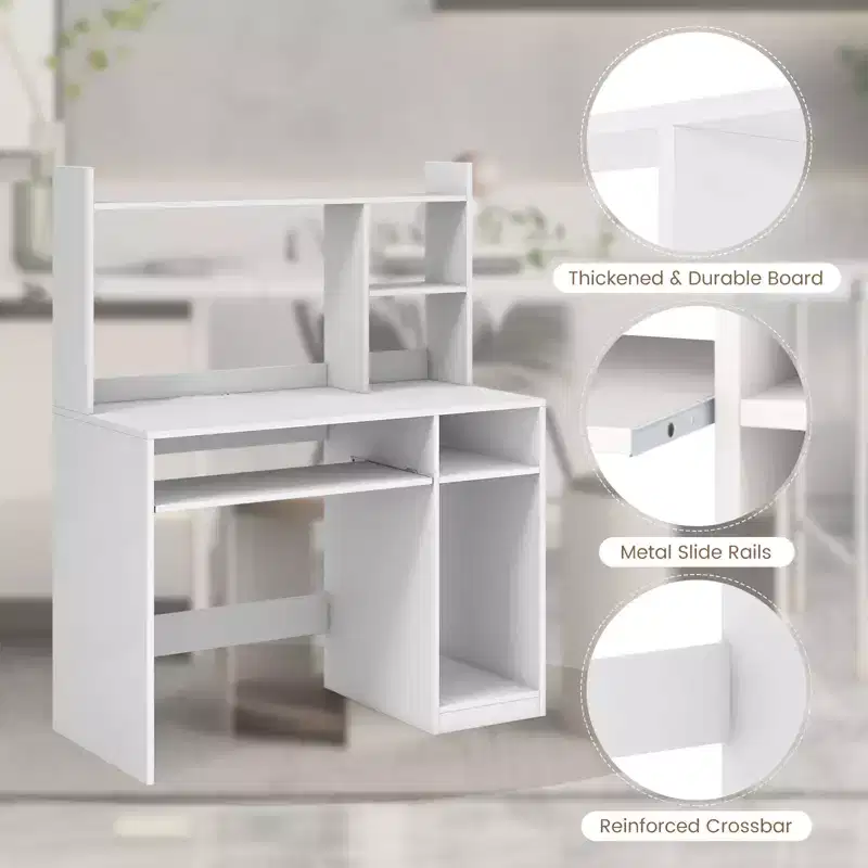 Computer Desk with Charging Station Hutch and CPU Stand White