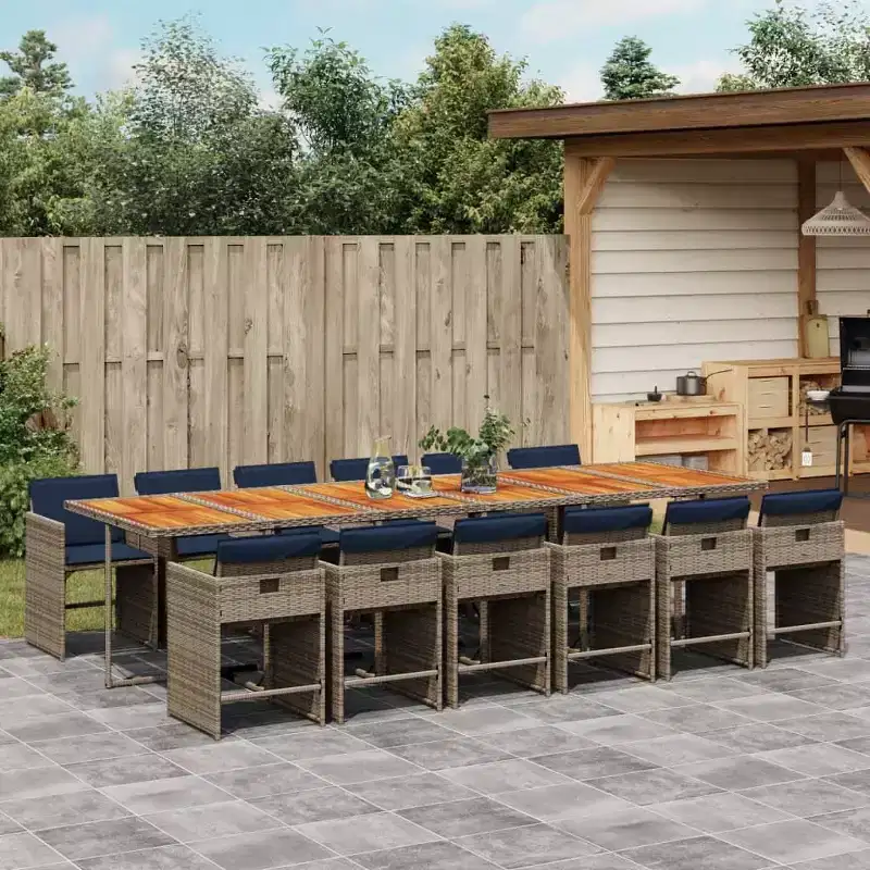 vidaXL Patio Dining Set Set of 12 Grey Poly Rattan Large Collapsible