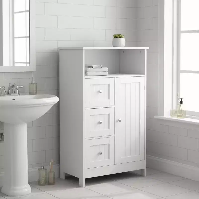 Homy Casa Standing Storage Cabinet with 3 Drawers & Single Door, White