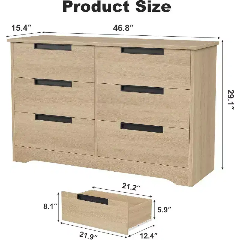 6 Drawer Dresser,Natural Modern Double Dresser Organizer with Embedded Handles Design for Bedroom