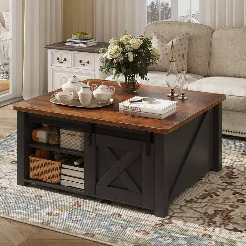 31.5 Lift Top Coffee Table with Large Hidden Storage, Adjustable Shelves, Farmhouse Square Center Table for Living Room, Small Spaces
