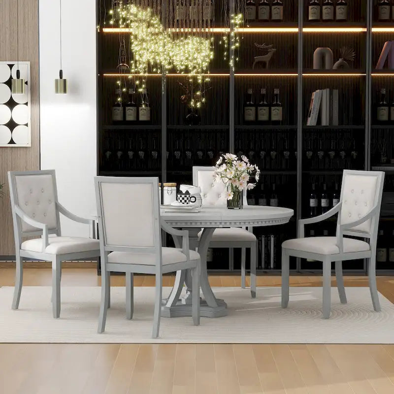 Antique Gray Retro 5-Piece Wooden Dining Table Set with Extendable Round Table & 4 Chairs