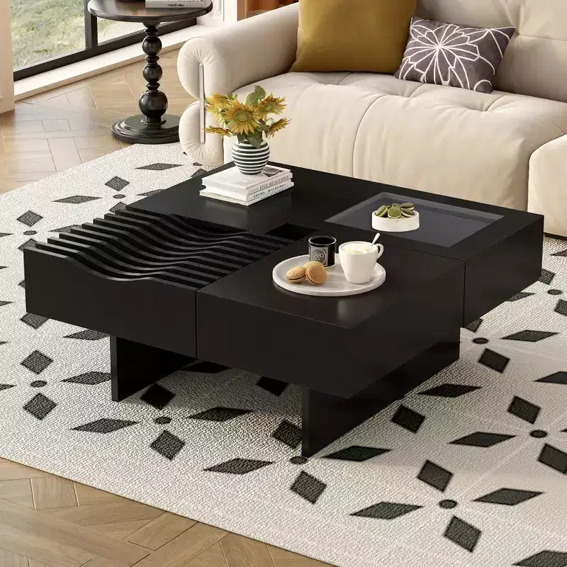 Square Coffee Table with Tempered Glass&Wave Top and 3 Drawers Wooden Sofa Side Table Modern Center Table, Black/Brown-ModernLuxe