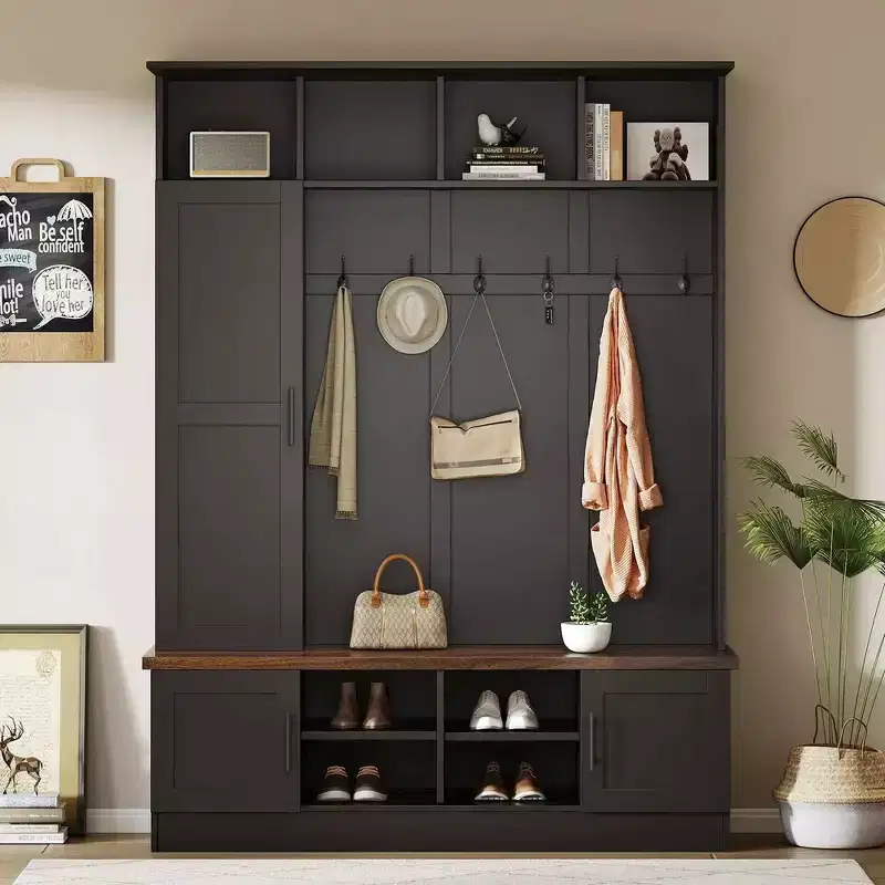 Whisen Versatile 3-in-1 Hall Tree with 6 Hooks, Farmhouse Walnut Storage Bench with Adjustable Shelves