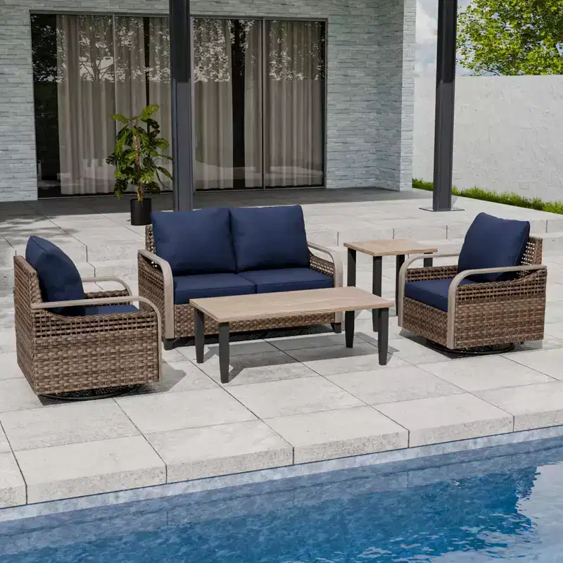 EAGLE PEAK Wicker Outdoor Patio Conversation Set, 2 Swivel Rocking Chairs, 2-Seat Loveseat, Coffee Table and Side Table, 5 Pieces