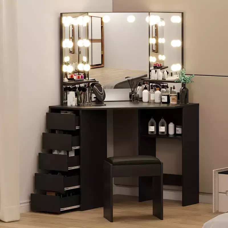 Corner Vanity Desk Set with 3-Folding Lighted Mirrors, Makeup Vanity Table with Charging Station