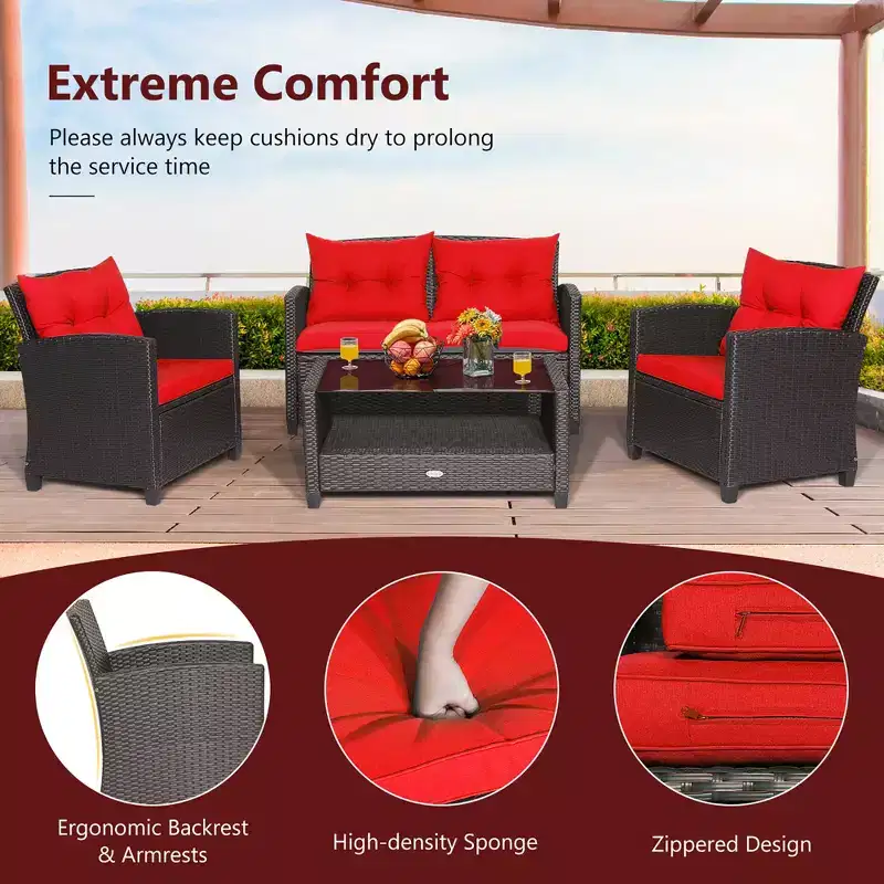 Costway 8 PCS Patio Rattan Furniture Set Glass Table Shelf Sofa Cushion Black/Red/Turquoise/Navy/Gray