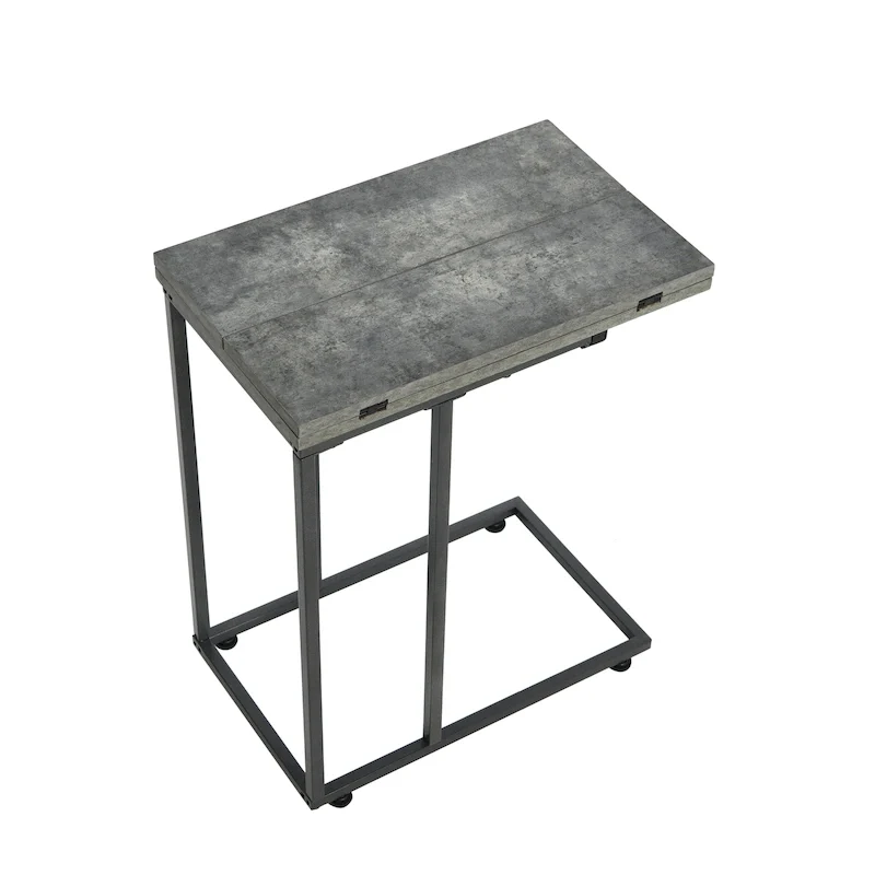 C-Shape Side Table, Faux Stone Top, Black Frame, Space-Saving Design