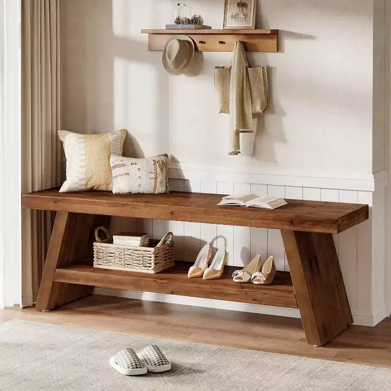 Lantine 2-Tier Entryway Bench, Hallway Foyer Solid Wood Seating with Open Shelves, Wooden Shoe Bench Indoor for Entryway, Living Room (Rustic Brown)