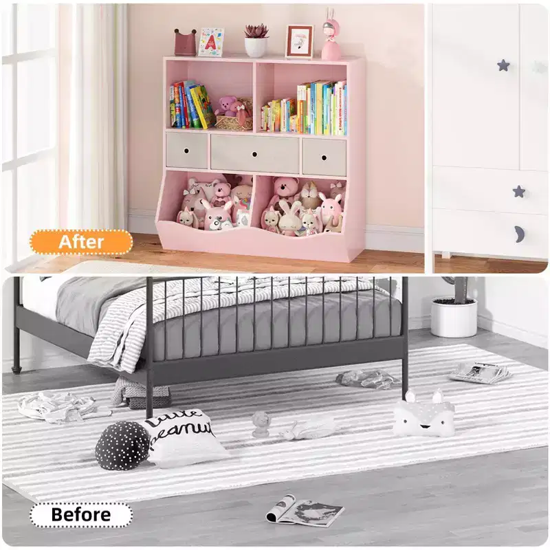 Kids Bookcase with Toy Storage - 4-Cubby Wooden Bookshelf with 3 Drawers & Slanted Toy Bins for Nursery, Playroom (Pink)