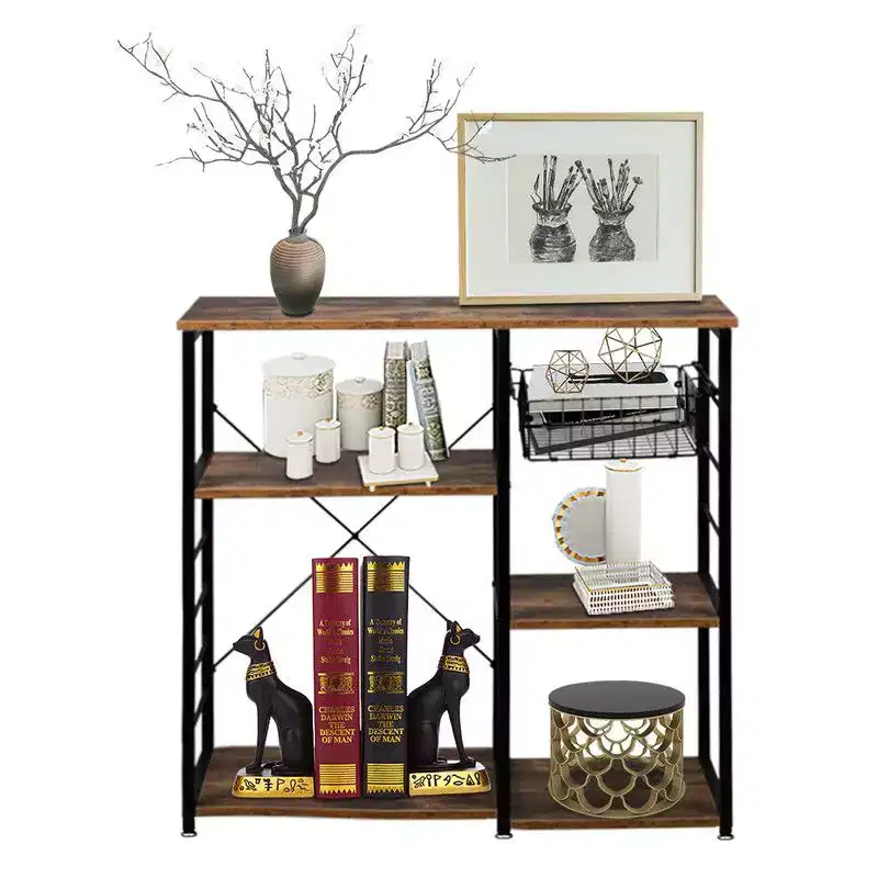 5-Layer Industrial Iron Kitchen Shelf Storage With Drain Basket Hook