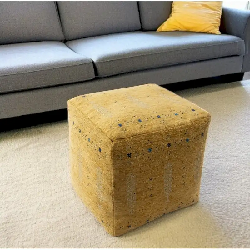 18-Inch Abstract Pouf Ottoman, Yellow, Round Floor Cushion Seat