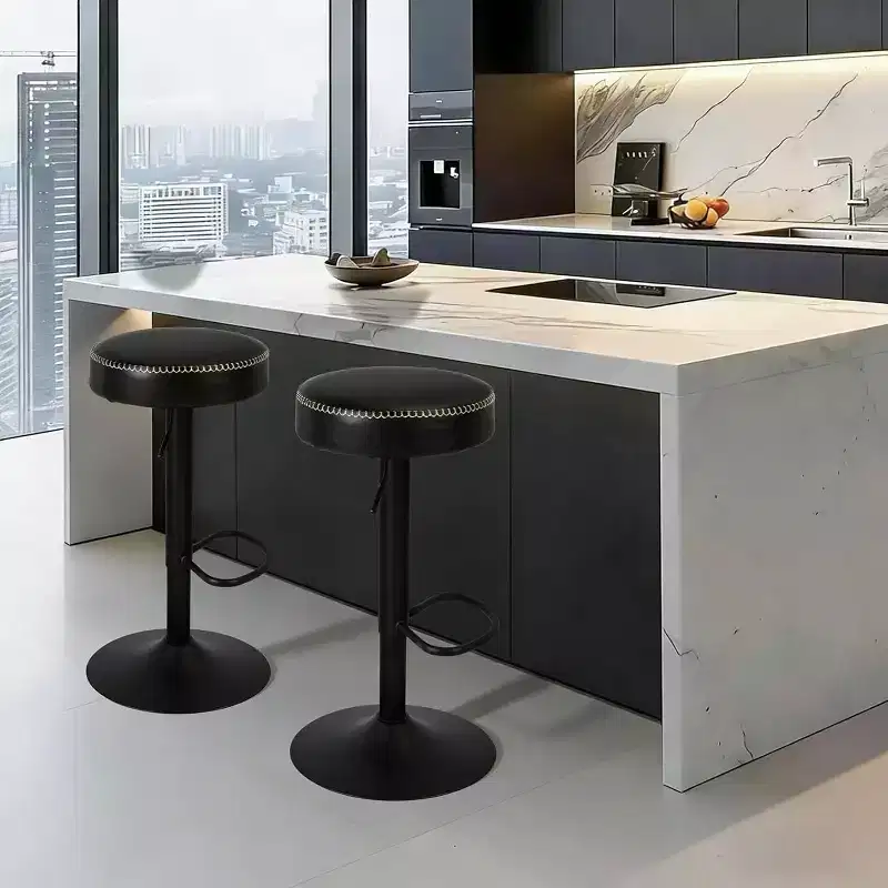 Modern Adjustable Bar Stools Set of 2, Oil-Waxed Black Leather Upholstered - 360 Swivel, Counter Height Chairs, Perfect for Kitchen, Home Bar, Lounge