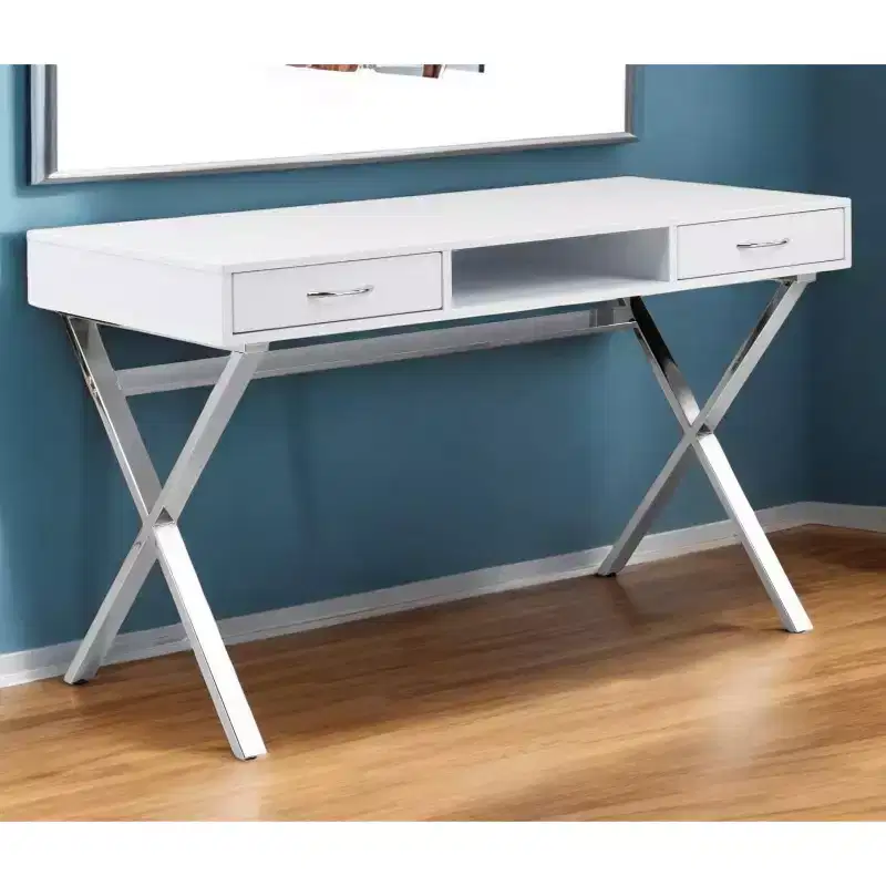 HomeRoots 47 White and Silver Wood and Metal Computer Desk With Two Drawers