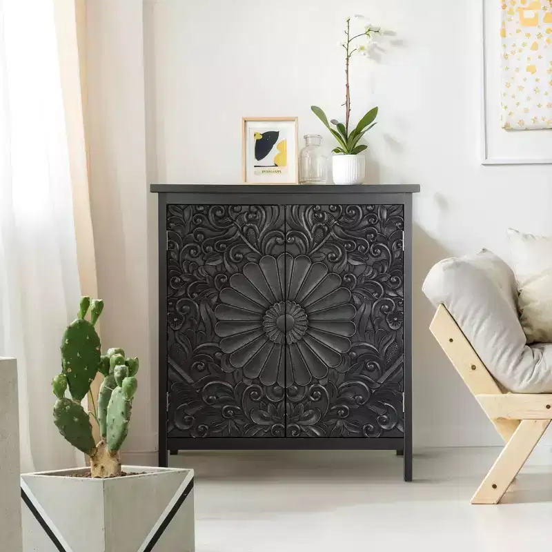 Accent Farmhouse Carved Floral Buffet Cabinet with Doors for Living Room