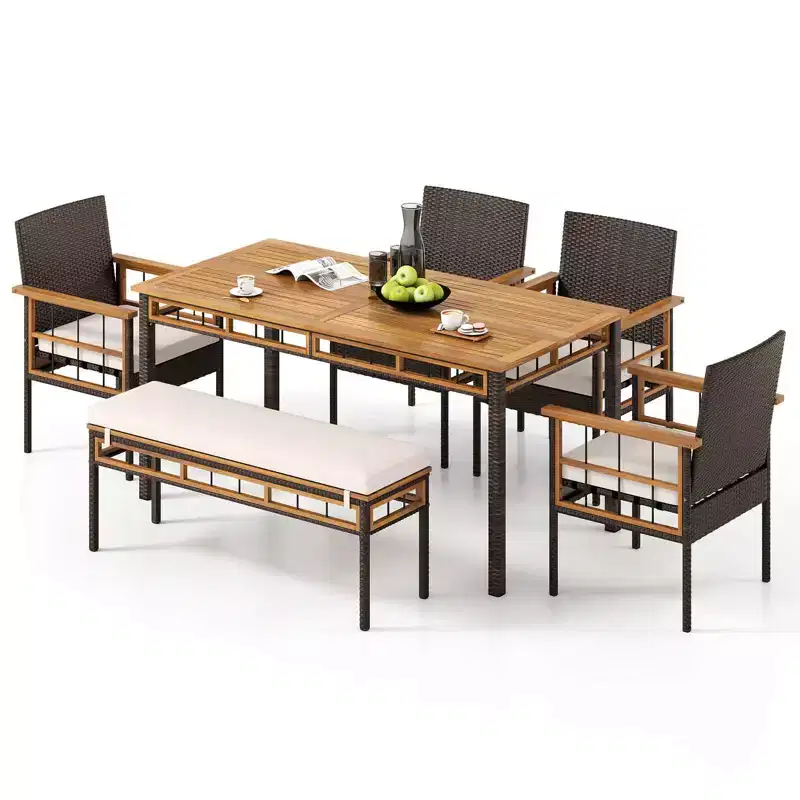Costway 6PCS Acacia Wood Table Backless Bench 4 Armchairs with 1.97 Umbrella Hole Cushion