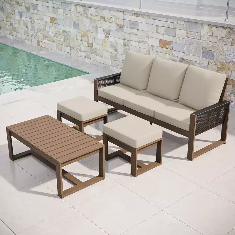 EAGLE PEAK 4 Pieces Natural Cedar Wood Conversation Set, Outdoor Patio Furniture with 2 Ottomans and Coffee Table