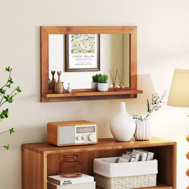27.5 x 20 Inch Rectangle Farmhouse Wall Mirror with Shelf, Natural Teak Wood