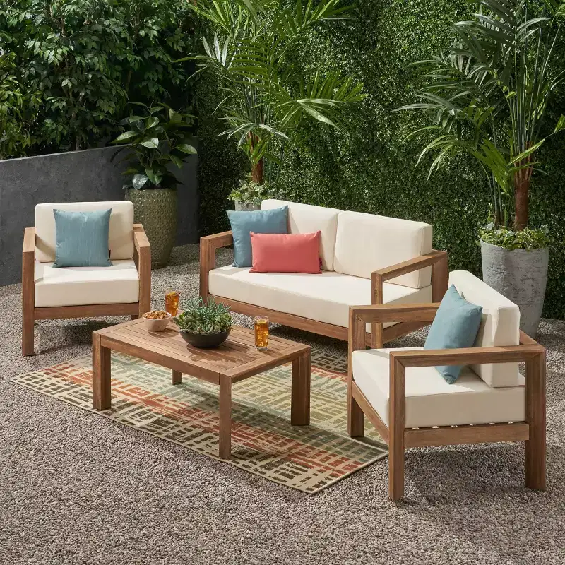 Genser 4pc Acacia Wood Chat Set: Outdoor Loveseat, Club Chairs, Coffee Table - Christopher Knight Home
