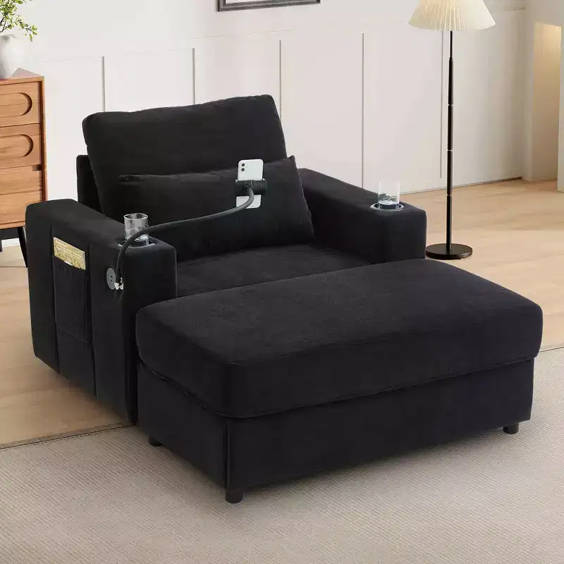 Modern Style Armhair 42.5 Chaise Lounge Sofa with Movable Storage Ottoman Ports Two Cup Holders Side Pockets for Living Room Black