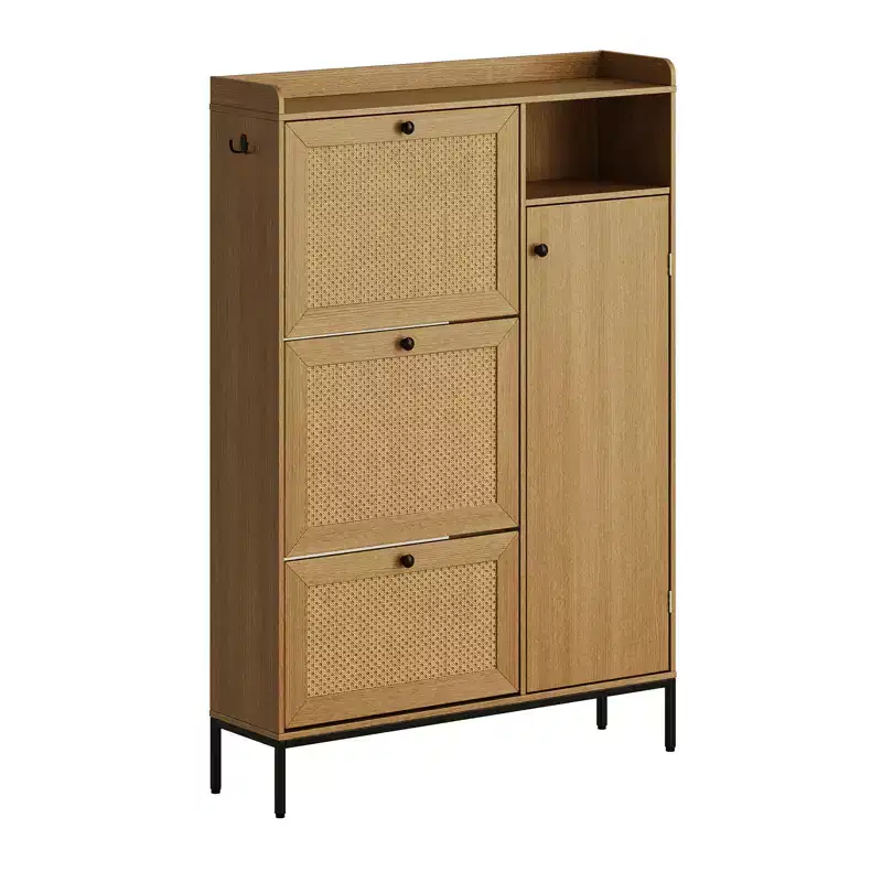 3 Tier Free Standing Shoe Cabinet with Natural Rattan, Shoe Organizer with Adjustable Shelves, Narrow Shoe Rack for Hallway, Wood