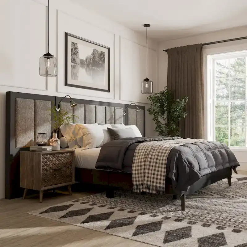 Modern Dark Brown Extended Wall Panel Bed with Reading Lights