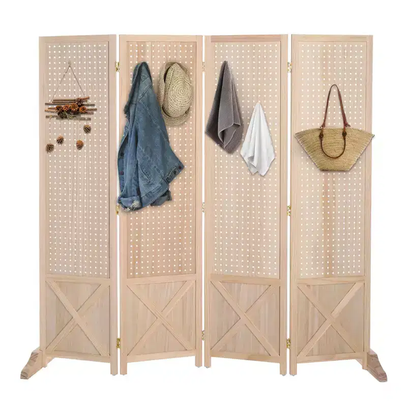 VINGLI 4 Panel Freestanding Pegboard with Feet, 5 FT Wood Room Divider Display Board, Partition Space Separator for Craft Shows Retail (Natural)