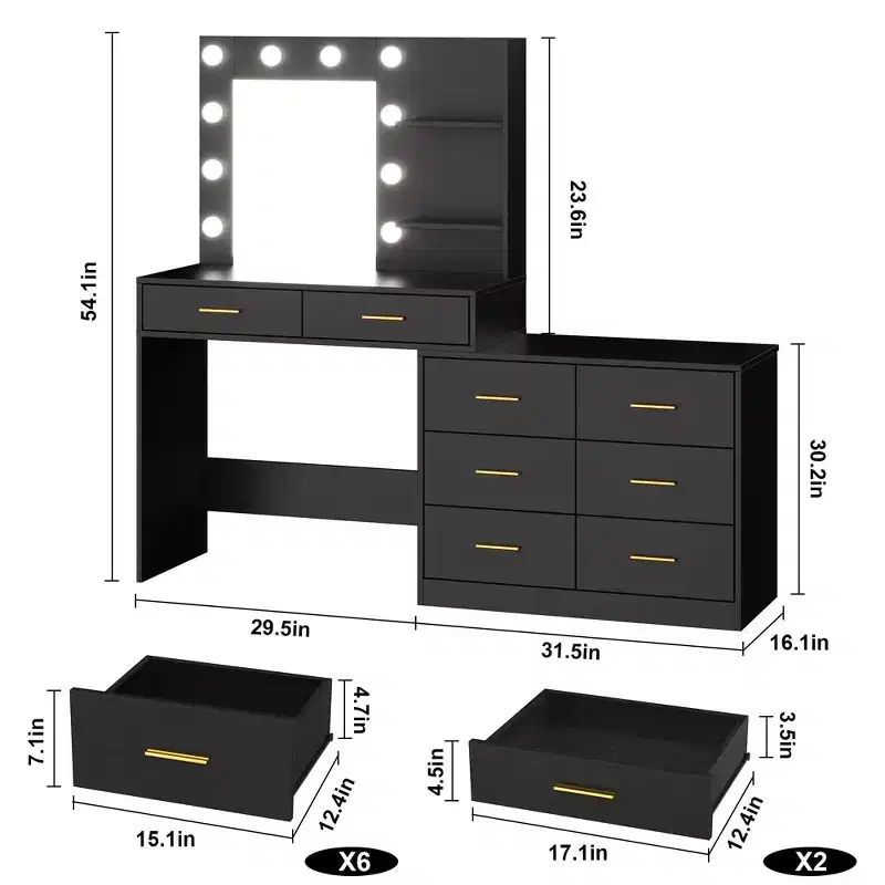 61-inch vanity with mirror and light, featuring 8 storage drawers and 2 shelves, 3 lighting modes, and adjustable brightness. Bedroom vanity.