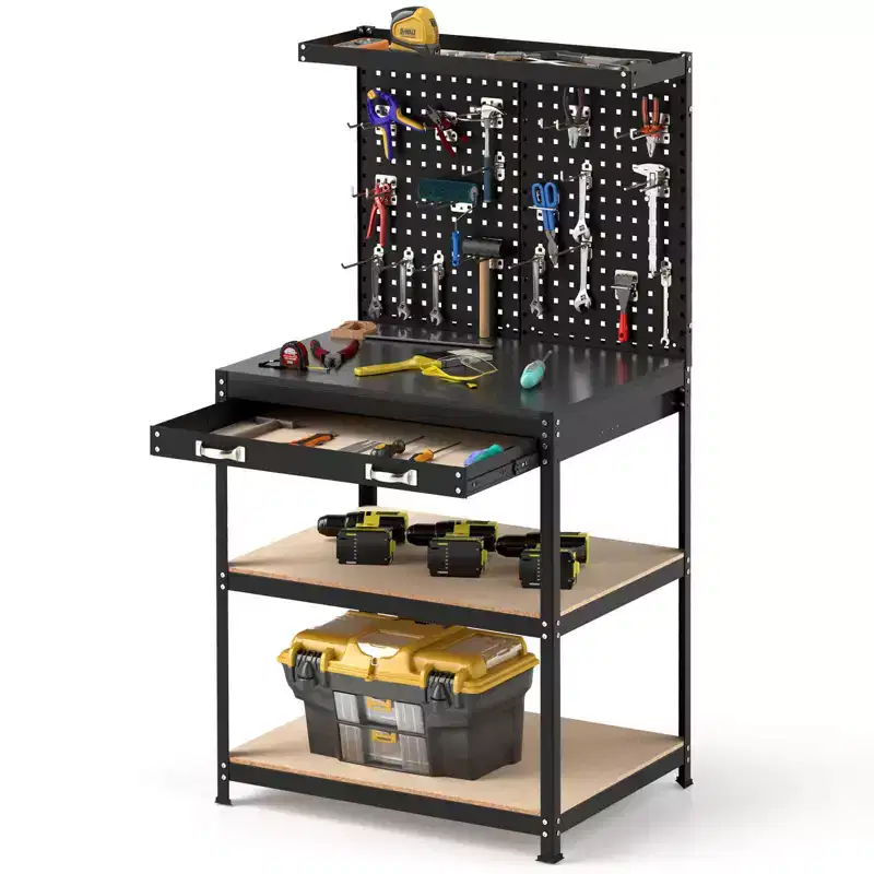 Costway 32'' x 16'' Workbench with Pegboard 20PCS Tool Hooks Drawer and Open Shelves Navy/Black