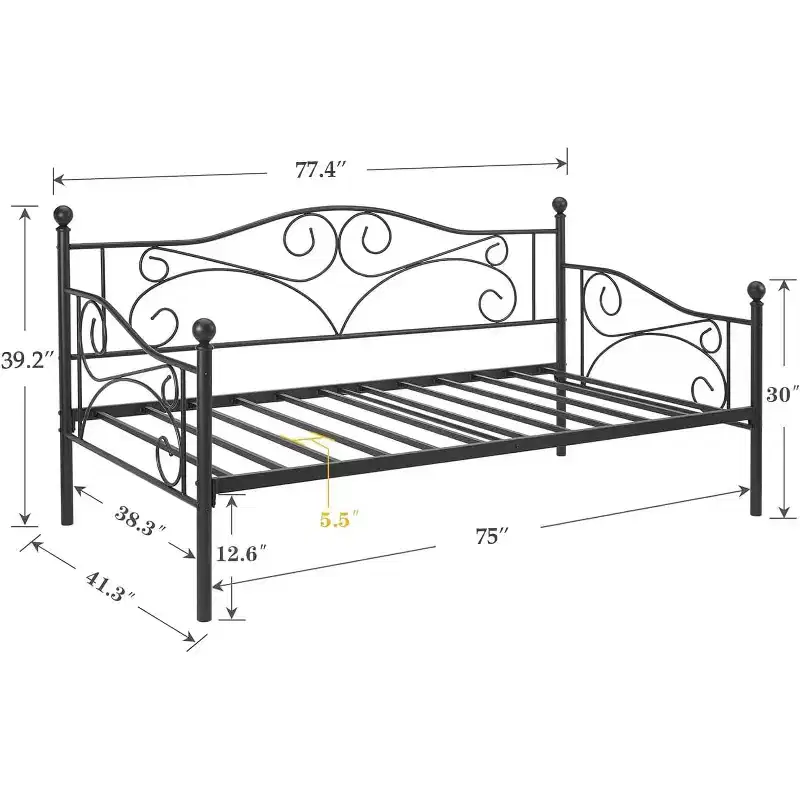 VECELO Twin Size Classic Daybed with Sleek Design, Metal Platform Sofa Bed with Headboard, Daybed for Small Spaces, Bedroom Living/Guest Room