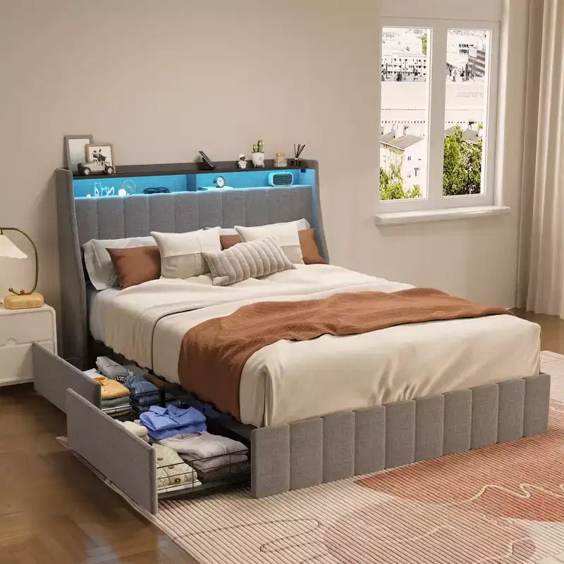 Metallic LED full-size bed frame, wing-shaped headboard + 4 drawers, a new multi-functional storage experience.