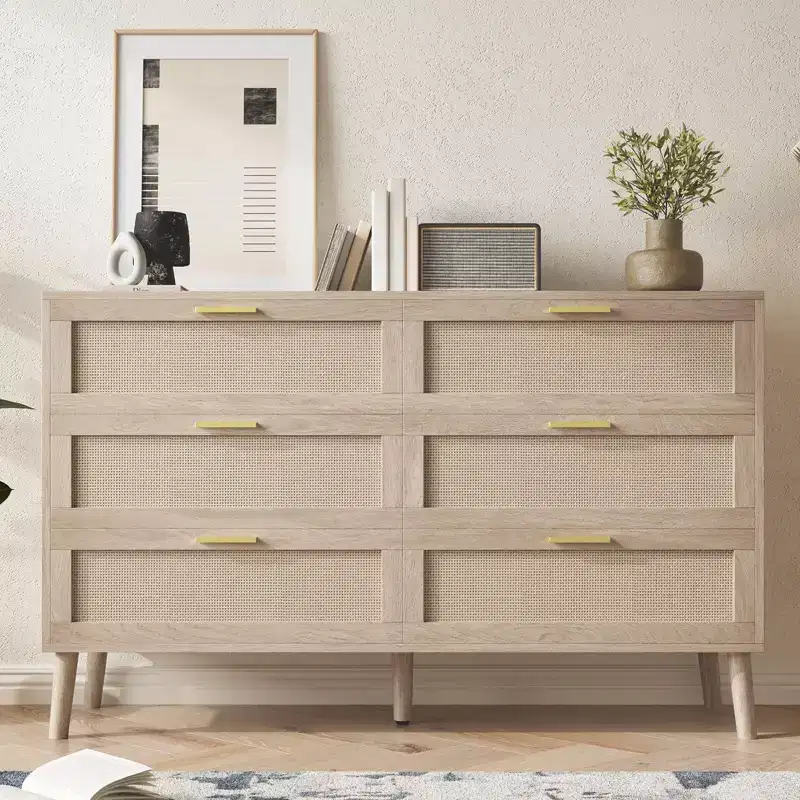 6 Drawer Dresser for Bedroom, Natural Rattan Dresser with Gold Metal Handles, Farmhouse Chest of Drawer with 5 Strong Legs for Living Room, Hallway