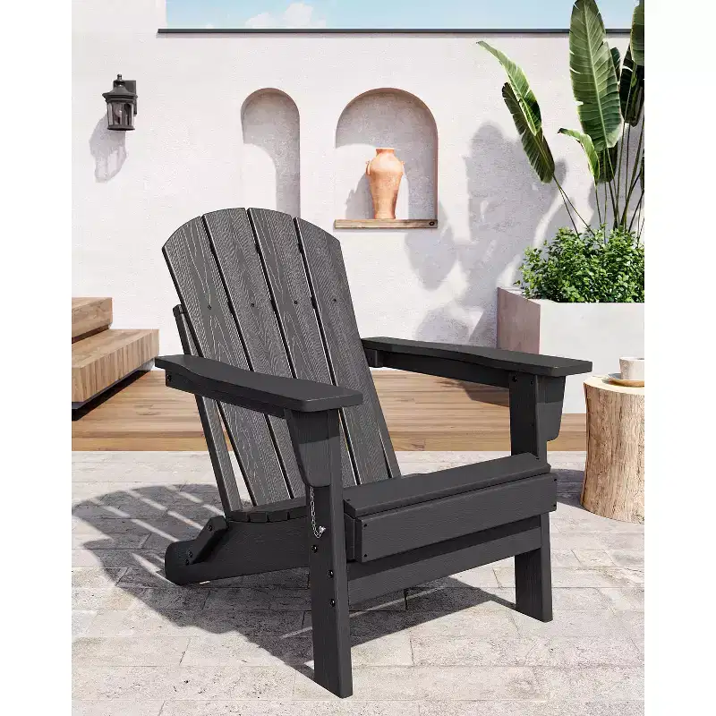Heavy-Duty Folding HDPE Adirondack Chair,Collapsible Design, Weather Resistant with Wood Grain Texture & Cup Holder for Patio, Lawn, Garden, Deck