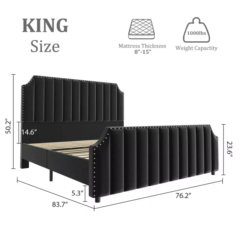 COZONY King Size Bed Frame w/ Velvet Upholstered Headboard, Rivet Decor, Strong Wood Slats, No Box Spring Needed, Easy Assembly