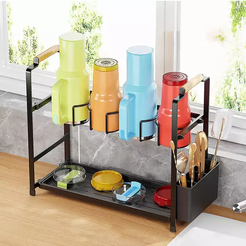 Water Bottle Organizer Holder, Double Layer Water Bottle Organizer Rack Carbon Steel Cup Storage Drying Rack With Tray for Kitchen Tabletop Cabinets