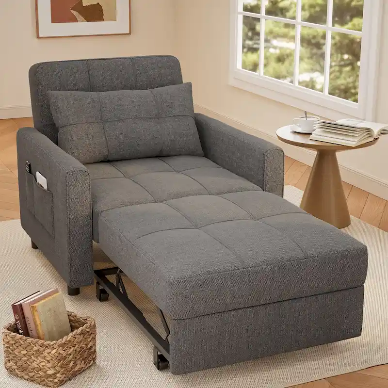 Pull-Out Sofa Bed Sleeper Chair, Convertible Adjustable Foldable Upholstered Lounge Couch