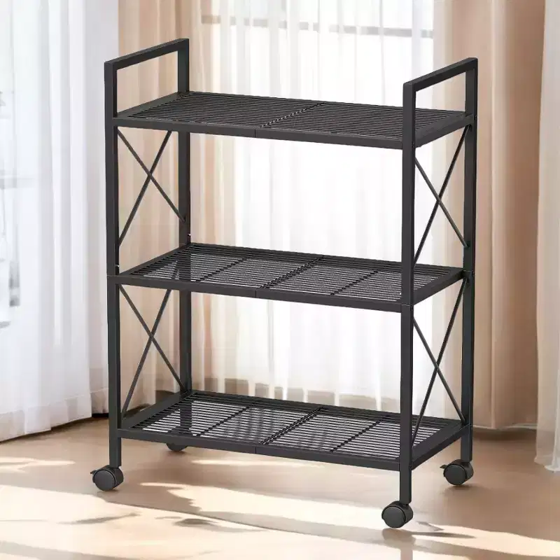 3-Tier Metal Storage Rack with Wheels, Storage Organizer, Plant Stand, Mesh Shelving and X Side Frames, 23.6-Inch Width, for Entryway