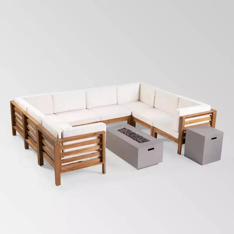 Oana 10pc Acacia Wood U-Shaped Sectional Sofa with Fire Pit Set - Teak/Beige - Christopher Knight Home: Modular Outdoor Seating