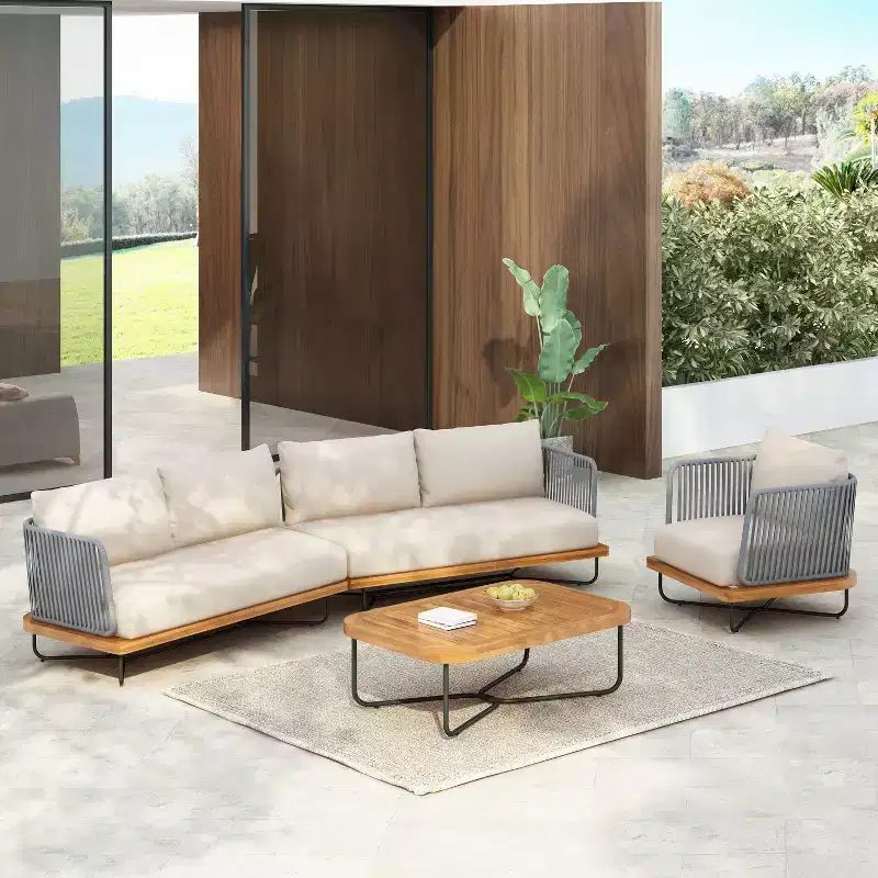 Christopher Knight Home Raphael 3 Piece Outdoor Rope Woven and Acacia Wood Sectional Sofa Set with Water-Resistant Cushions