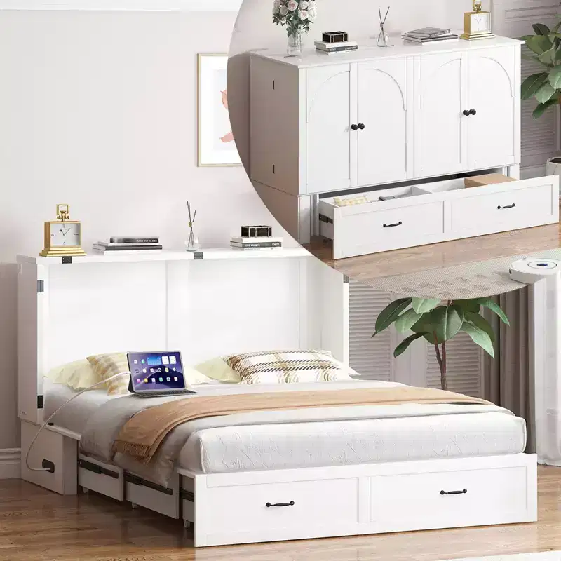 Mjkone Queen Size Murphy Bed Chest with Storage & Charging,Optional Mattress