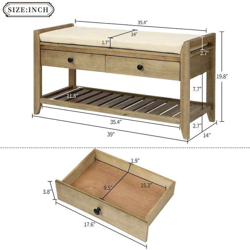 TREXM Shoe Rack with Cushioned Seat and Drawers