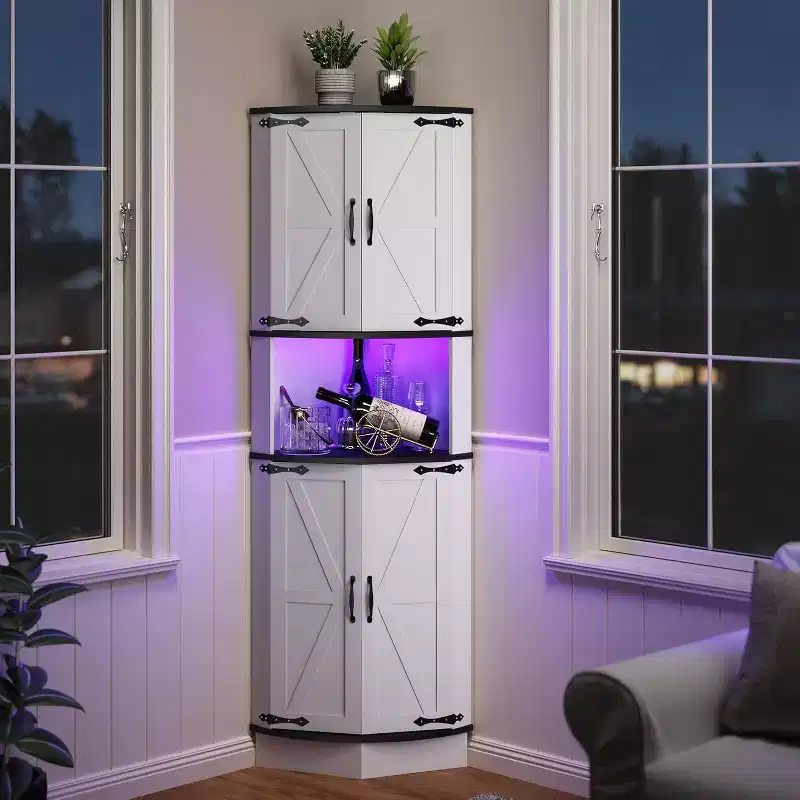 65 Tall Farmhouse Corner Cabinet, Display Storage Cabinet with Barn Door, 5 Tier Shelves, Space Organizer for Living Room, Bar, Kitchen, Bathroom