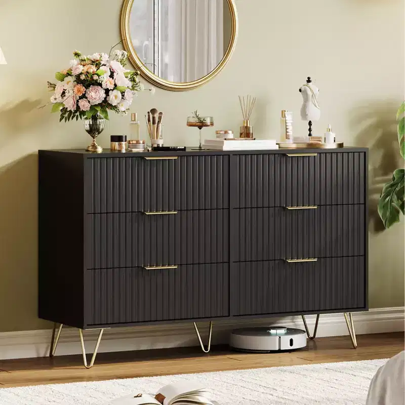 Modern Wood Dresser with 6 Fluted Drawers, Large Storage Chest with Metal Handles, Anti-Tip Bedroom Dresser for Bedroom, Living Room, Hallway